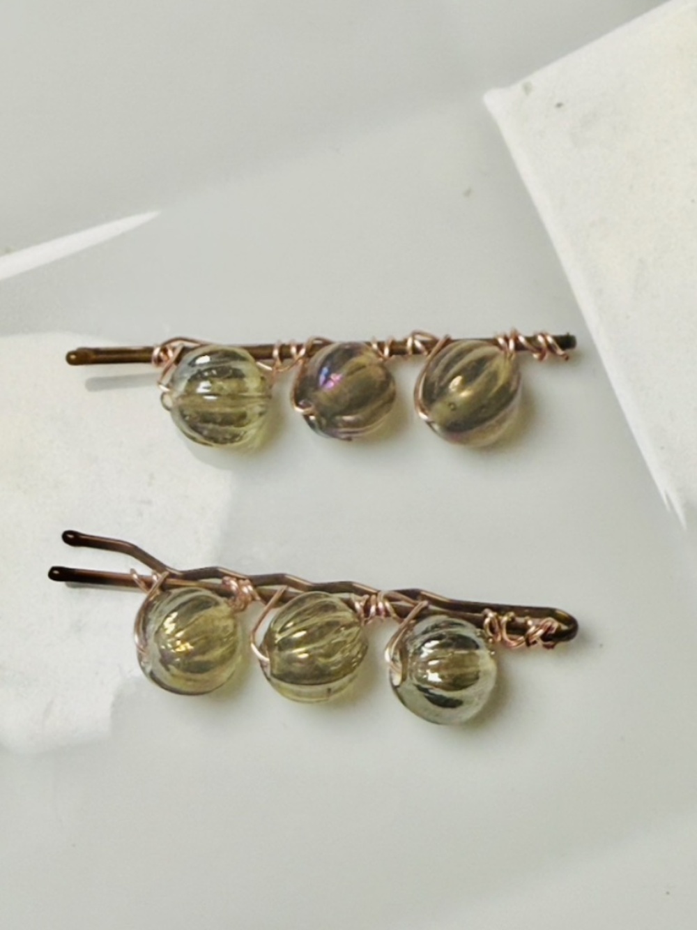 Seaglass Green w Gold Finish Textured Beads Beaded Bobby Pins
